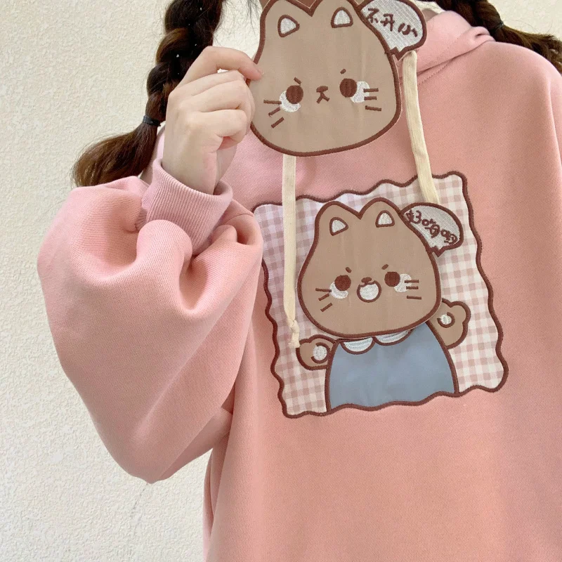 Милая японская толстовка с капюшоном для подростков женская одежда Kawaii Cat Графический плед розовые толстовки Весна корейский милый аниме женский свитер