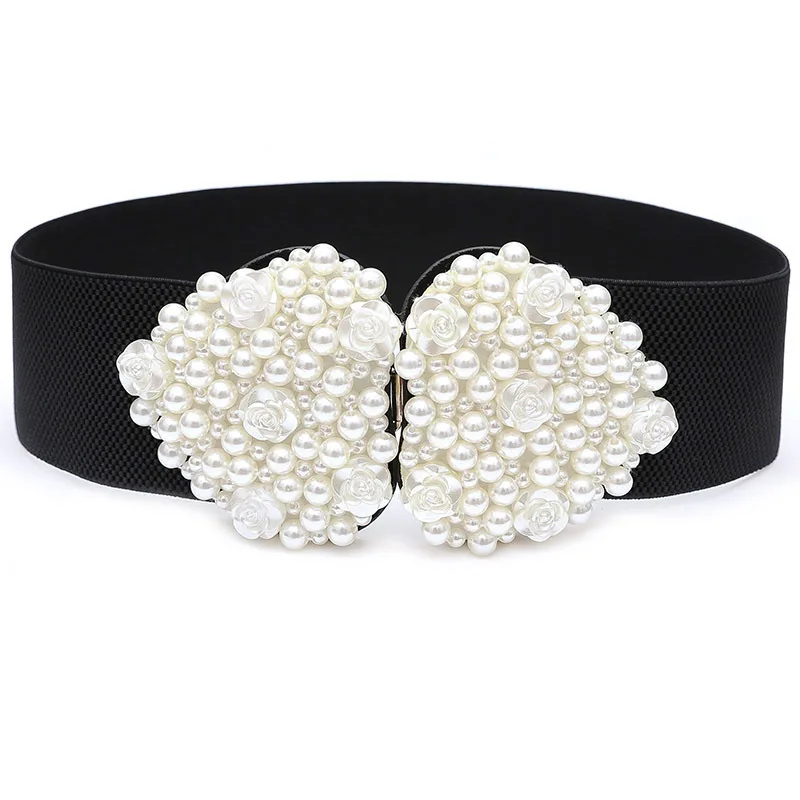 

Korean version of sweet heart string pearl fashion wide belt elastic waist dress decorated with black and white belt Women