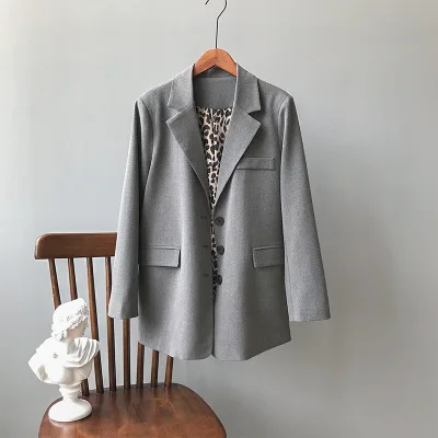 Grey Новая модная Элегантная куртка в Корейском стиле осенние элегантные женские повседневные офисные женские длинные свободные костюмы с v-образным вырезом аппликация на куртку для работы - Цвет: Grey