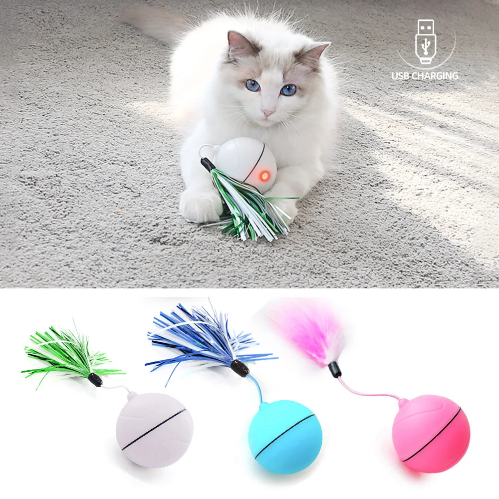 Электрический игрушечный шар для кошки, интерактивный прокатный шар для питомца, кошка с светодиодный светильник, активированная движение, Интерактивная игрушка для питомцев, шар с пером