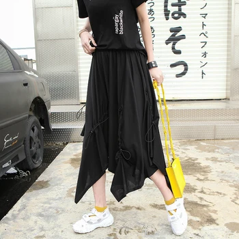 

Yamamoto Style Elastic Waist Design Irregular Belt Solid Sense of Design A Line 2020 Summer Women Fashion Skirt