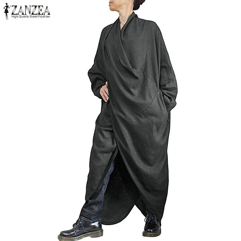 ZANZEA, винтажное асимметричное платье с подолом, осенняя Женская длинная рубашка с воротником-хомутом и длинным рукавом, повседневный свободный сарафан, Robe Femme Vestido 7