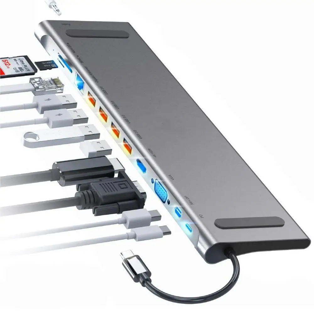 HOT Sell USB C Hub HDMI Ethernet Adapter-12in1 USB Type C Hub to HDMI 4K VGA for Dex Station Univer