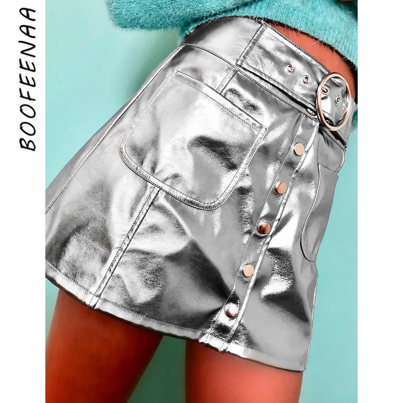 

BOOFEENAA Silver PU Leather Sexy Mini Skirts Womens 2019 Fall Winter Fashion High Waist Button Down Pencil Skirt C77-AE36