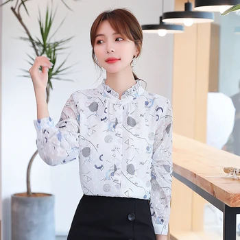 

COIGARSAM Full Sleeve blouse women New Spring Floral Print Chiffon Stand Neck blusas womens tops and blouses 1006
