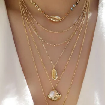 

Boho Fashion Bead Pearl Multi Layer Gold Color Conch Shell Pendants Necklace for Women Ocean Seashell Beach Necklace Jewelry