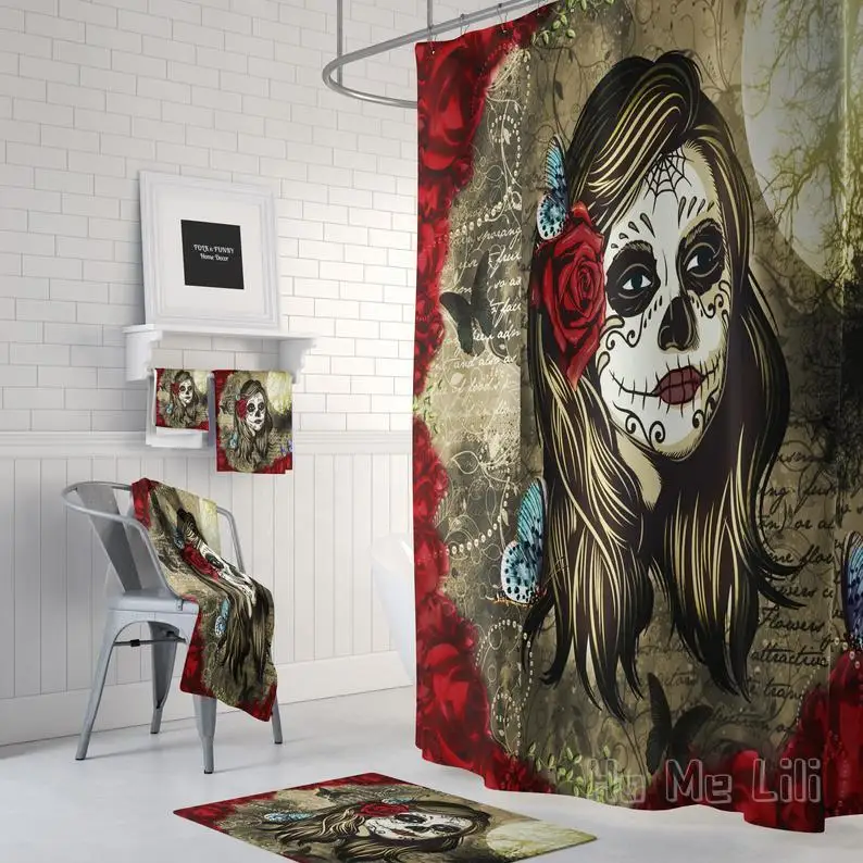 

Shower Curtain Red Rose Sugar Skull Day Of The Dead