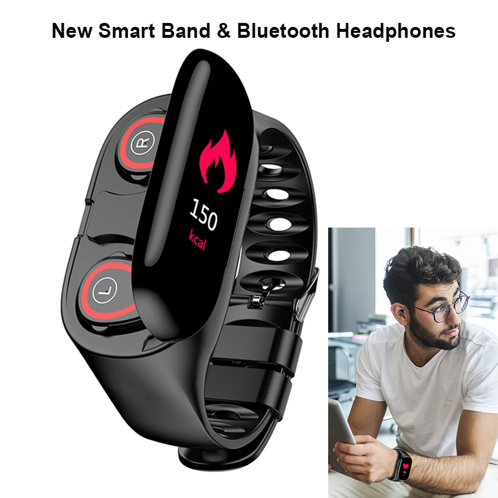 2019 New Smart Band Bracelet & Wireless Bluetooth Earphone Blood Pressure 10M Distance Connect IP67 Waterproof Sport Wristband