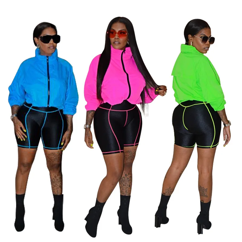 

Plus Size Summer 2019 Two Piece Set Neon Top and Shorts Women 2 Piece Set Matching Sets Tracksuit Women Club Outfits K9394