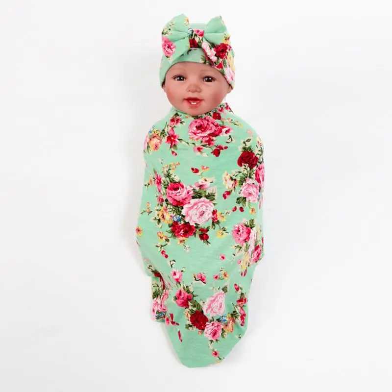 

2 Pcs/set Baby Kids Bow-knot Cap Swaddle Wrap Set Newborn Print Wrapping Blanket Hat Photo Props