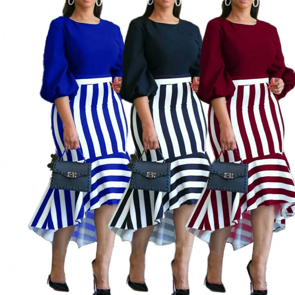 Lady Office Striped Irregular Stitching Fishtail Black Modest Dress Plus Size Women Burgundy Blue Dress 2021 Summer New Arrival