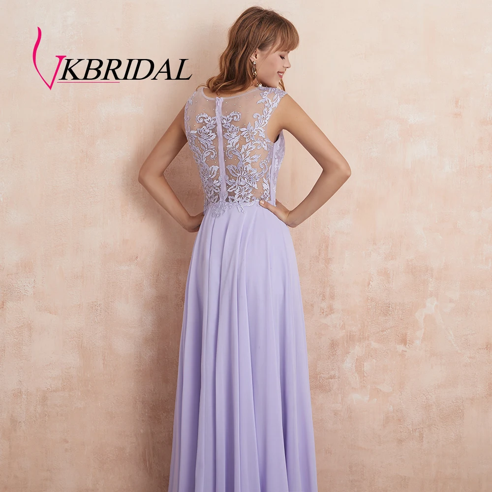 VKbridal Tank Top Illusion neck Chiffon Prom Wedding Party Gowns with Crystal Backless A-Line Lace Bridesmaid Dresses Long