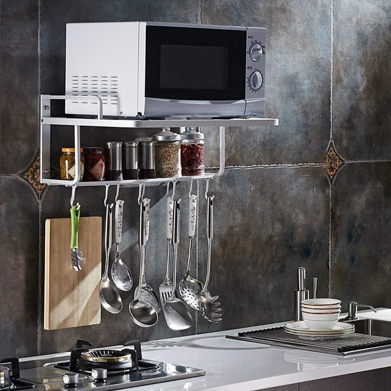 2 слоя пространство Алюминий микроволновая печь стойки Кухня полка держатель на стене с 10 крючков