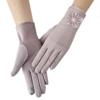 

Women Summer Cotton Lace Cycling Gloves Non-Slip Touch Screen UV Protection Bowknot Floral Decor Driving Short Mittens