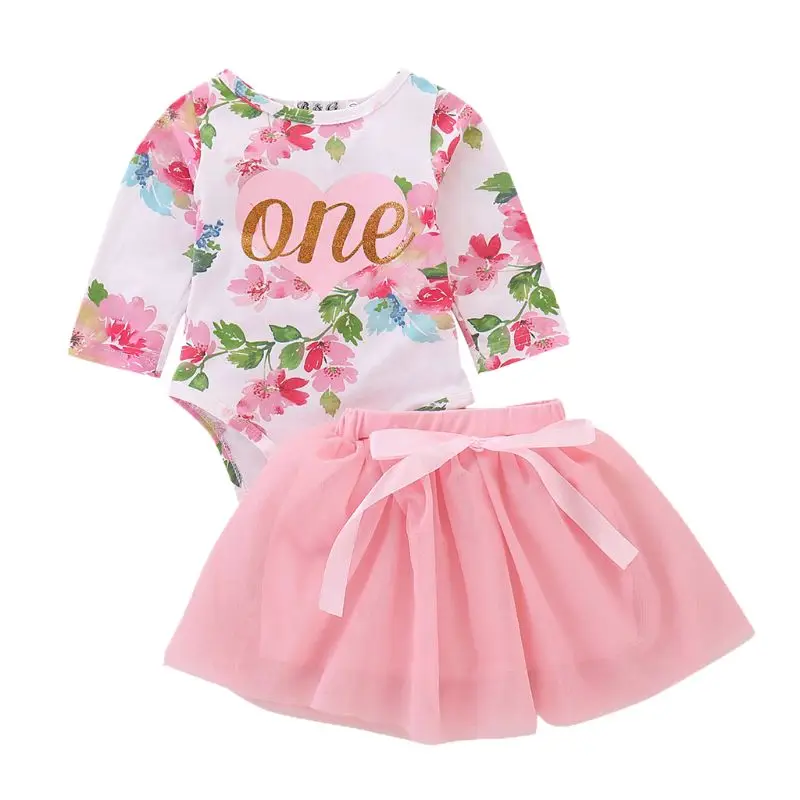 

2Pcs Clothing Set Baby Girl Summer Outfits 1st Birthday Romper Top Sleeveless Floral Tutu Skirt 090B
