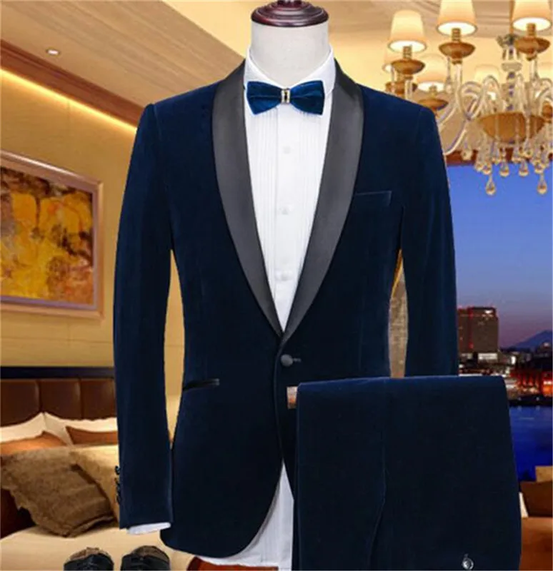 Королевский синий бархат мужской костюм шаль лацкан мужской костюм s Slim Fit 2 шт(куртка+ брюки) для свадьбы жених выпускного вечера вечерние смокинги