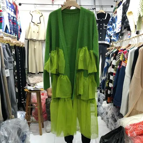green Neploe женский длинный вязаный кардиган сетка марлевые Лоскутные гофрированные с длинным рукавом Свободная куртка корейский свитер пальто открытый стежок 54831 - Цвет: green