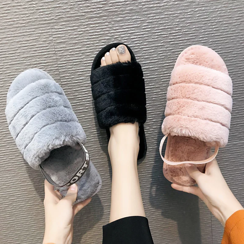 

Open toe Plush Women Home Slippers Winter Warm Shoes Woman Slip on Flats Slides Female Faux Fur Slippers wholesale
