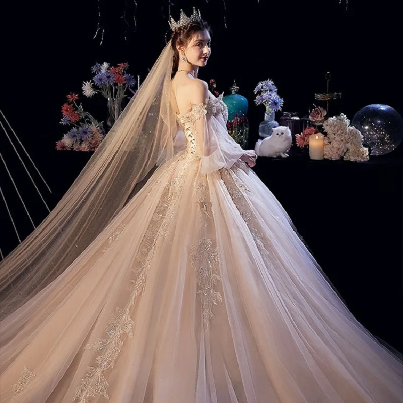 Alilove Champagne/Ball Gown/Off Shoulder/Luxury/Simple Wedding Dress Marriage/With Sleeves For Women /Elegant Bridal Gown