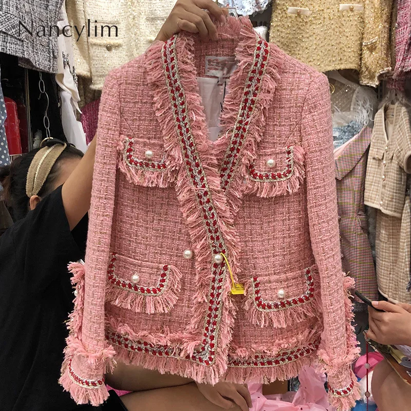 

Autumn Tweed Jacket High Quality New Fragrance Tweed Wool Fringed Jackets Women Retro Pearl Button V Neck Coat Lady Coats