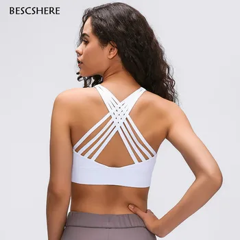 

BESCSHERE 4-Ply CROSS Strap Plain Running Workout Bra Women Naked-feel Fabric Shockproof Gym Training Yoga Sports Bra Tops XS-XL