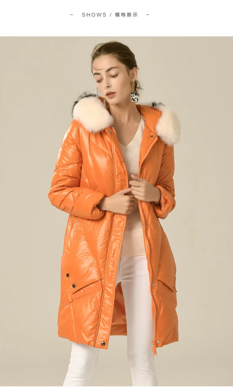Теплые пушистые теплые пальто на гусином пуху, зимнее пальто с капюшоном из натурального Лисьего меха, женские длинные толстые пуховики, теплые парки F600