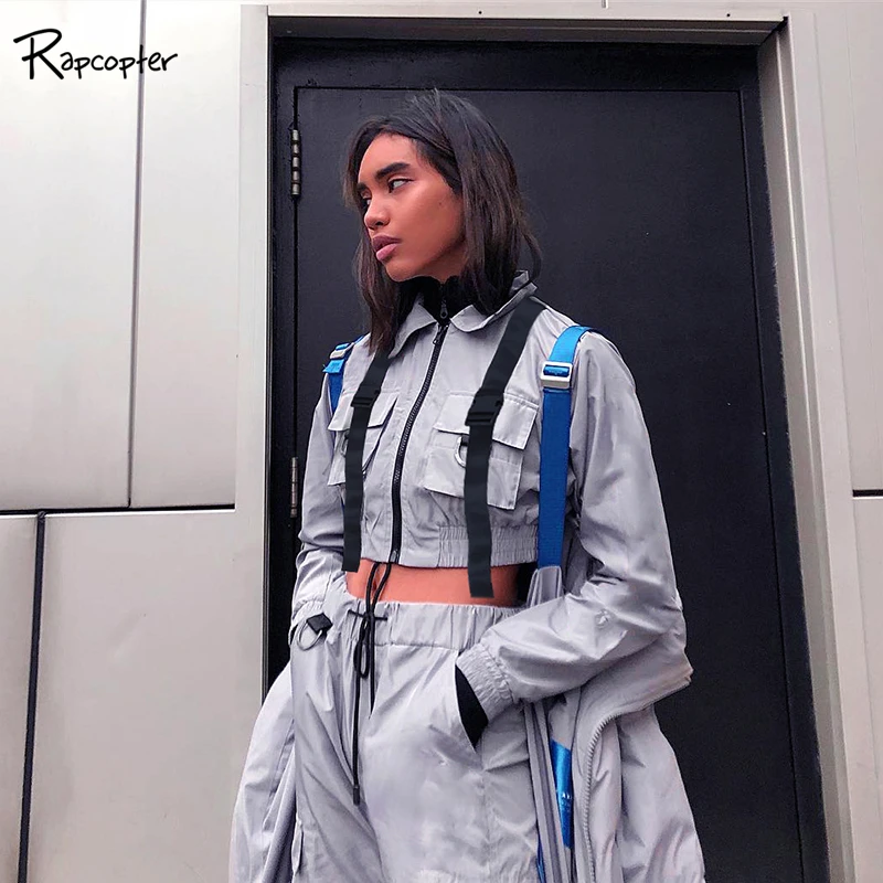

Rapcopter Streetwear Women Zipper in Front With Ribbons Jacket Long Sleeve Turn-down Collar Casual Pockets Punk Jackets Ladies