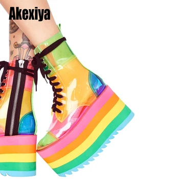 

High Platform Rainbow Boots Laces Transparent PVC Ankle Boots Candy Color Platform Heel Botas Mujer Clear Short Boots u698