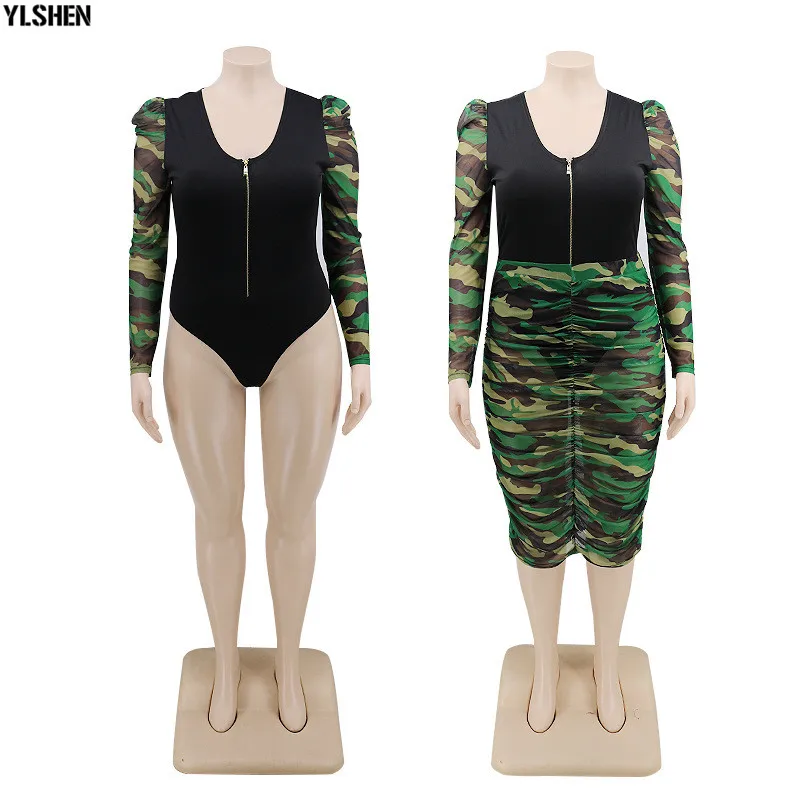 2 Piece Set African Clothes Maxi Dresses for Women Clothing Plus Size Dashiki Sexy Bodysuit Top + Camo Skirt Summer Africa Dress 08