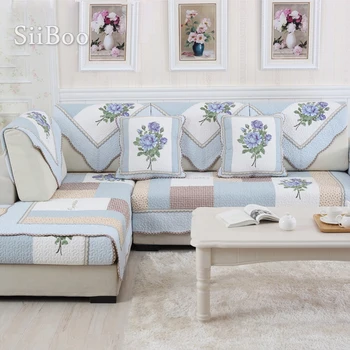 

Korean style blue quilted Sofa cover 100%cotton floral print breathable slipcovers for sectional sofa four seasons usage SP3033