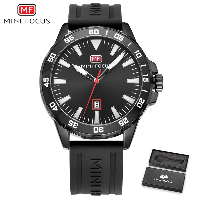 Черный MINIFOCUS, мужские часы, водонепроницаемые, модные, с календарем, бизнес, топ, люксовый бренд, часы, мужские, кварцевые, Relogio Masculino, силиконовый ремешок - Цвет: Черный