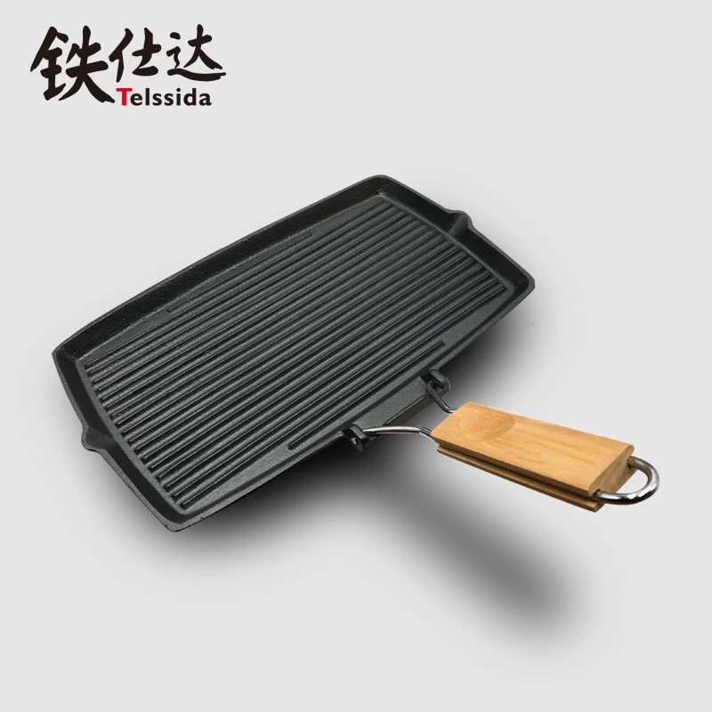 

Rectangular thickened cast iron steak barbecue pot uncoated non stick striped frying pan cross pattern frying fish pot