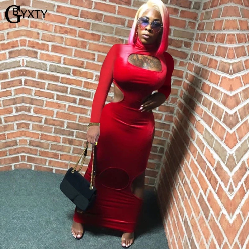 GBYXTY Sexy Front Open Hollow Out Club Party Long Maxi Dress 2019 Winter Women Sleeve Turtleneck Velvet Skinny ZL557 | Женская одежда