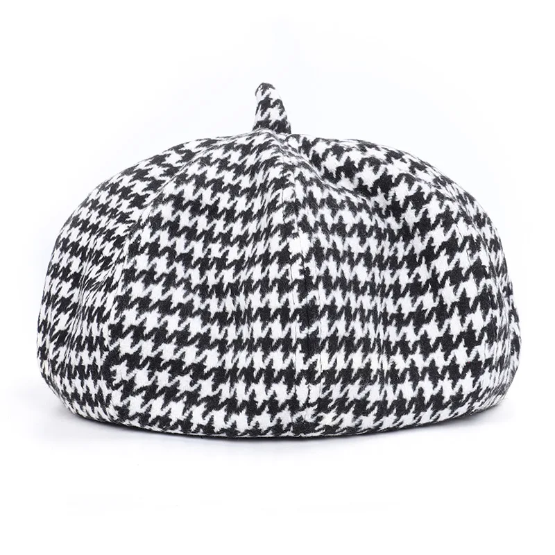 Fashion Female Houndstooth Berets Black Berets With Adjustable Rope autumn winter Plaid Beret Hats For Women French Berets