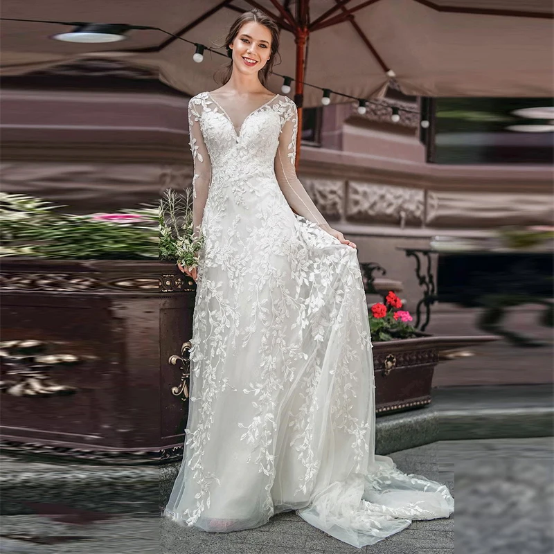 

Stunning A Line Wedding Dress Lace Appliques Wedding Gowns Elegant V Neck 3D-Floral Appliques Tulle Long Sleeve Bridal Gowns