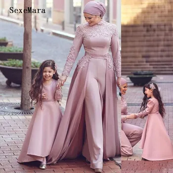 

New Customized Mother and Daughter Dress Satin Lace Long Sleeve Girls Dresses for Wedding Party