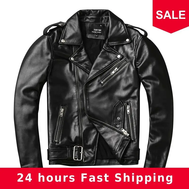 

2020 Black Men Slim Fit Biker's Leather Jacket Plus Size XXXXL Genuine Sheepskin Russian Autumn Motorcycle Leather Coat