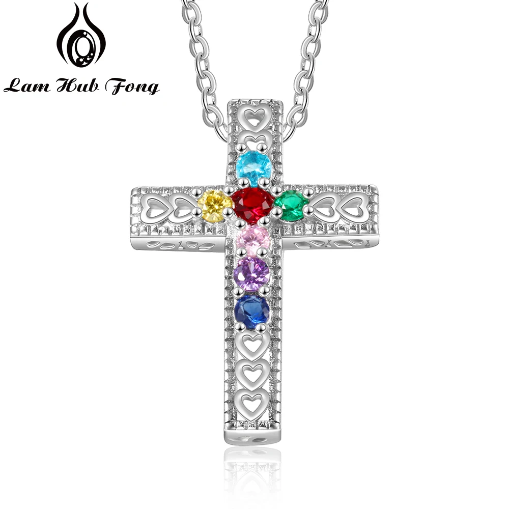 

Charm Custom Cross Necklace with 7 Birthstones Personalized CZ Zircon Pendant Necklace Family Gift for Women (Lam Hub Fong)