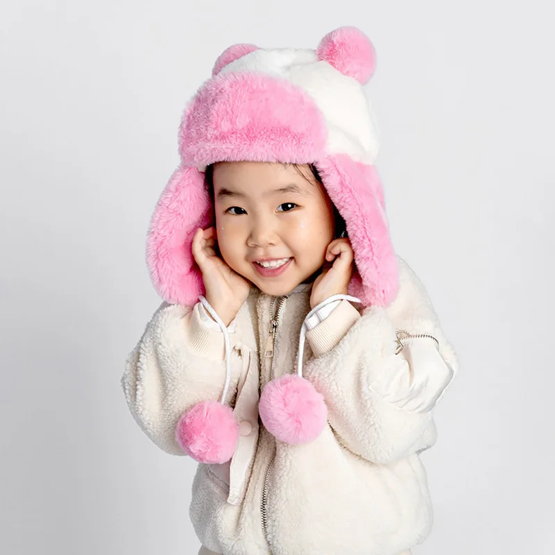 New Design Kids Thick Warm Children Hat Boys Girls Soft Plush Patchwork Winter Hats And With Fur Ear Cap With Fleece Ball