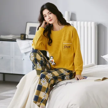 

Korean Casual Nightie Women's Cotton Long-sleeved Pajamas Women's Simple Round Neck Pullover Home Suit Can Be Worn Outside