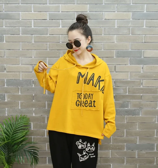Vefadisa Plus Size Letter Print Women T-shirt 2020 Autumn Hooded Long Sleeve T-shirt Casual Pullover Women T-shirt QYF3716
