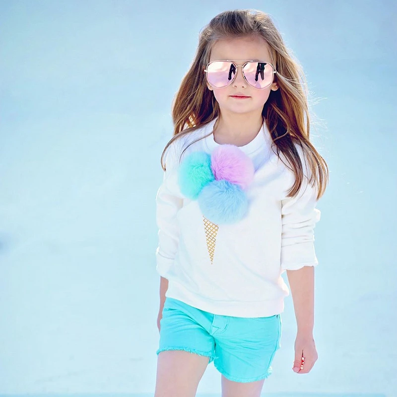 Hooyi Kids Girls Clothing Set Ice Cream Cone Pompom Shirt Cartoon Plush Top Blue Denim Shorts Long Sleeve T Shirt Short Jeans Clothing Sets Aliexpress