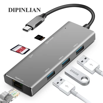 

DIPINLIAN 6 In 1 USB C Hub for Macbook Pro Multi USB Hub 3.0 Adapter RJ45 TF SD Type C Hub for iPad Pro OTG Splitter Dock