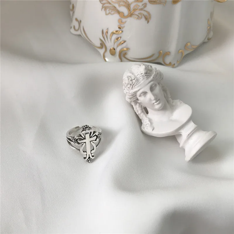 POFUNUO, 925 пробы, серебряный крест, цветок, кольца для женщин, Ретро стиль, аварийное открытие, кольца для девочек, друзей, подарок на день рождения, хорошее ювелирное изделие, кольцо