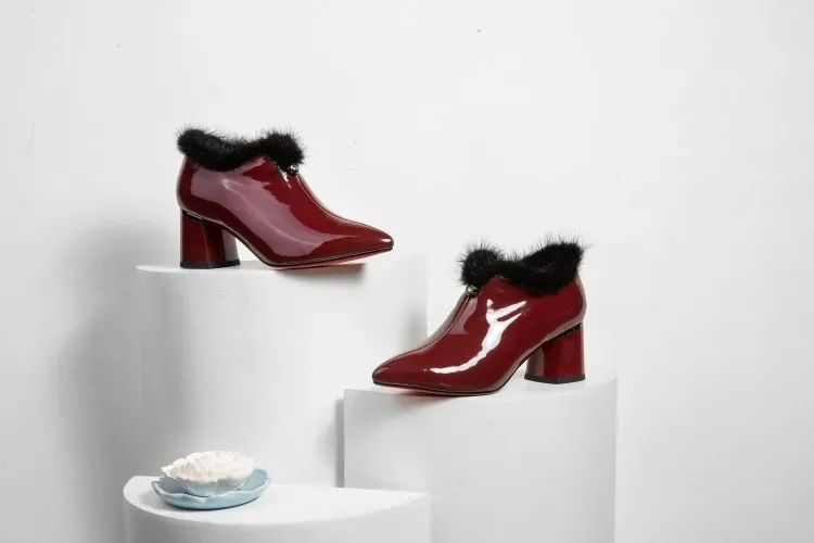 MLJUESE/; женские туфли-лодочки из коровьей кожи; зимние короткие плюшевые туфли с острым носком; цвет винный, красный; на молнии; на высоком каблуке; под вечернее платье; размеры 34-42