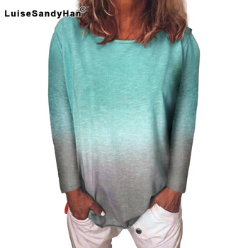 

Women's Rainbow Gradient Print T-shirt Round Neck Loose Large Size Slim Fashion Long Sleeve Tops Female 2020 Spring Summer Cool