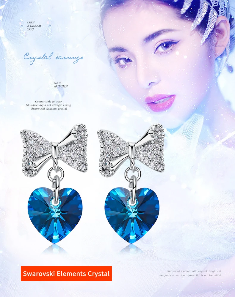 Warme Farben серьги с кристаллами Swarovski для женщин, серьги в форме сердца с бантом и кристаллами, элегантные вечерние Серьги Brincos, подарок для девушек