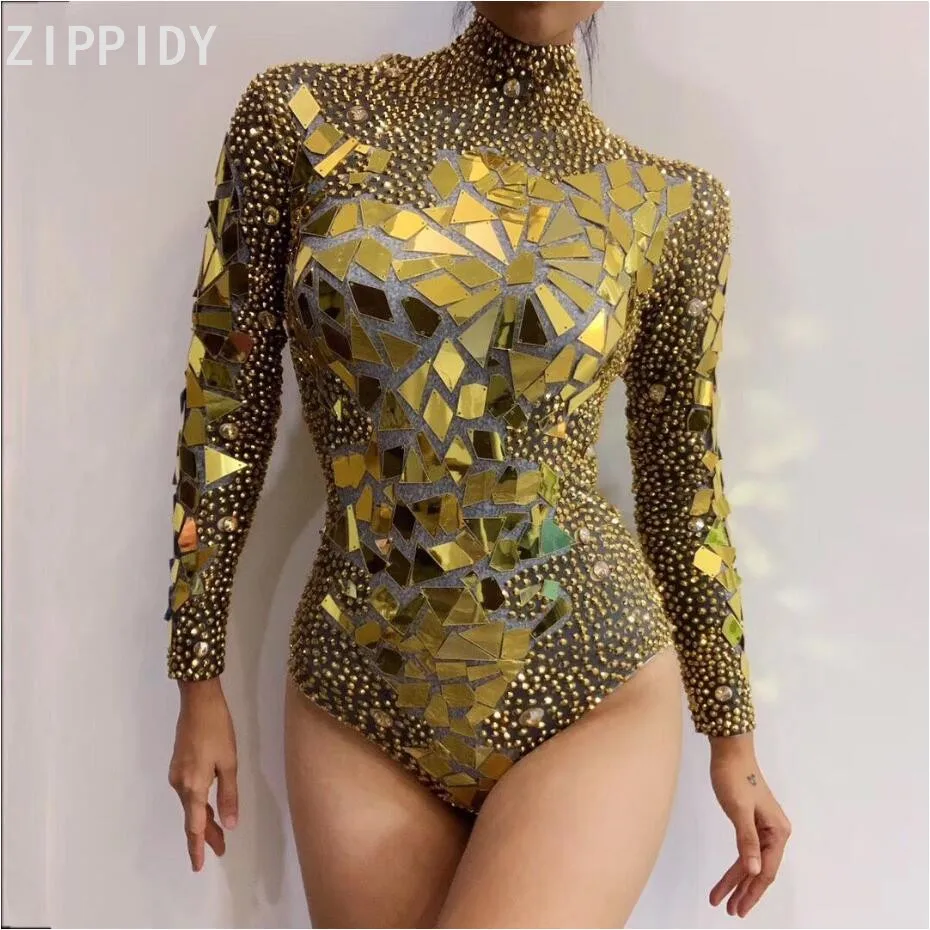 

Bright Gold Rhinestones Mirrors Bodysuit Women's Birthday Celebrate Outfit DS Bar Singer Dancer Show Stretch Outfit