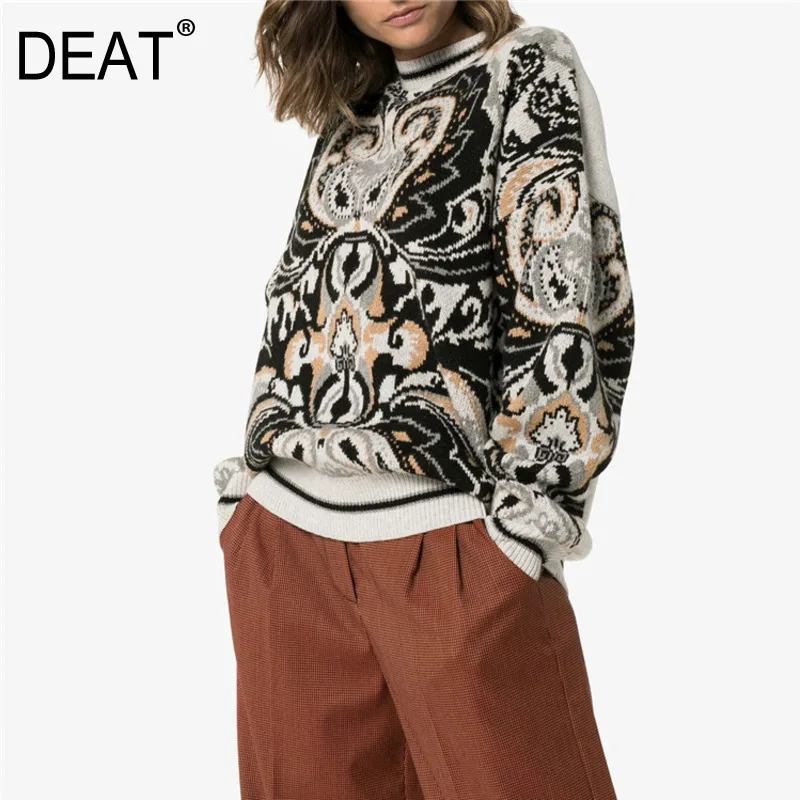 DEAT White Round Neck Long Sleeve Contrast Totem Print Loose Woman Sweater Casual Wild Simple Fashion 2020 Winter New TD203 | Женская