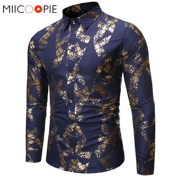 

Bronzing Print Shirt Men Autumn Spring Nightclub Wear Long Sleeve Dress Mens Shirts Casual Slim Fit Camisa Social Masculina XXL